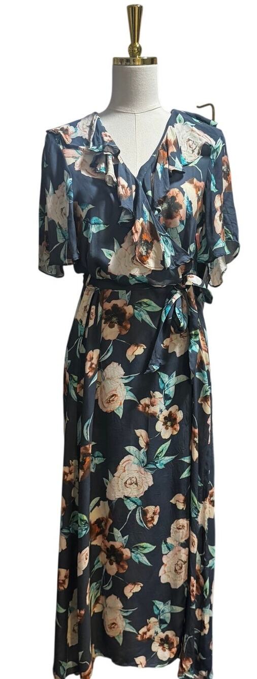 Stone Cold Fox Silk Floral Wrap Maxi Dress — Navy Ruffle Collar — Size 2